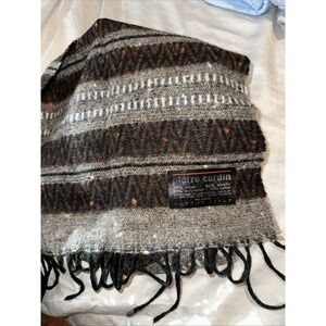 Pierre Cardin Wool Blend Scarf Fringe Gray Black Brown White Stripes Pattern